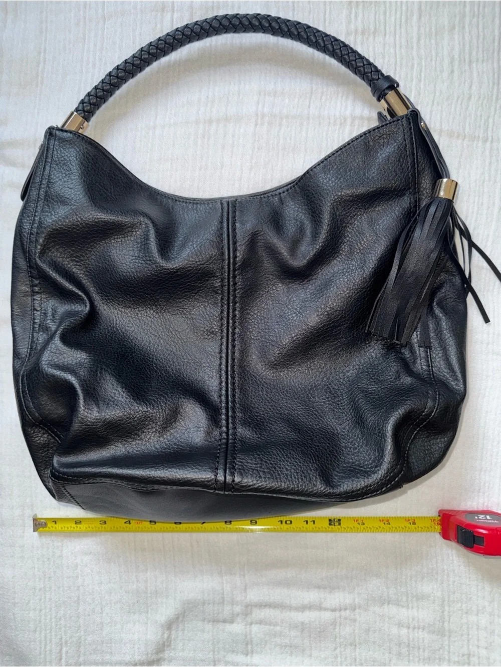 Black Leather Hobo Bag with Braided Handle and Tassel